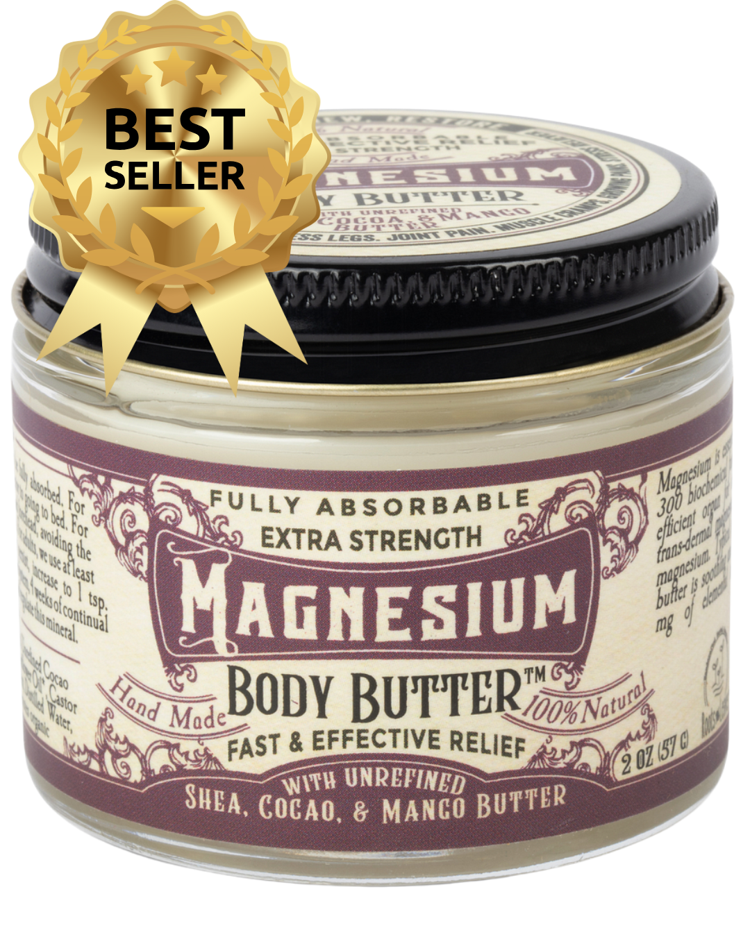 Creamy magnesium body butter by Roots and Leaves LLC, smooth texture and natural ingredients for skin nourishment.