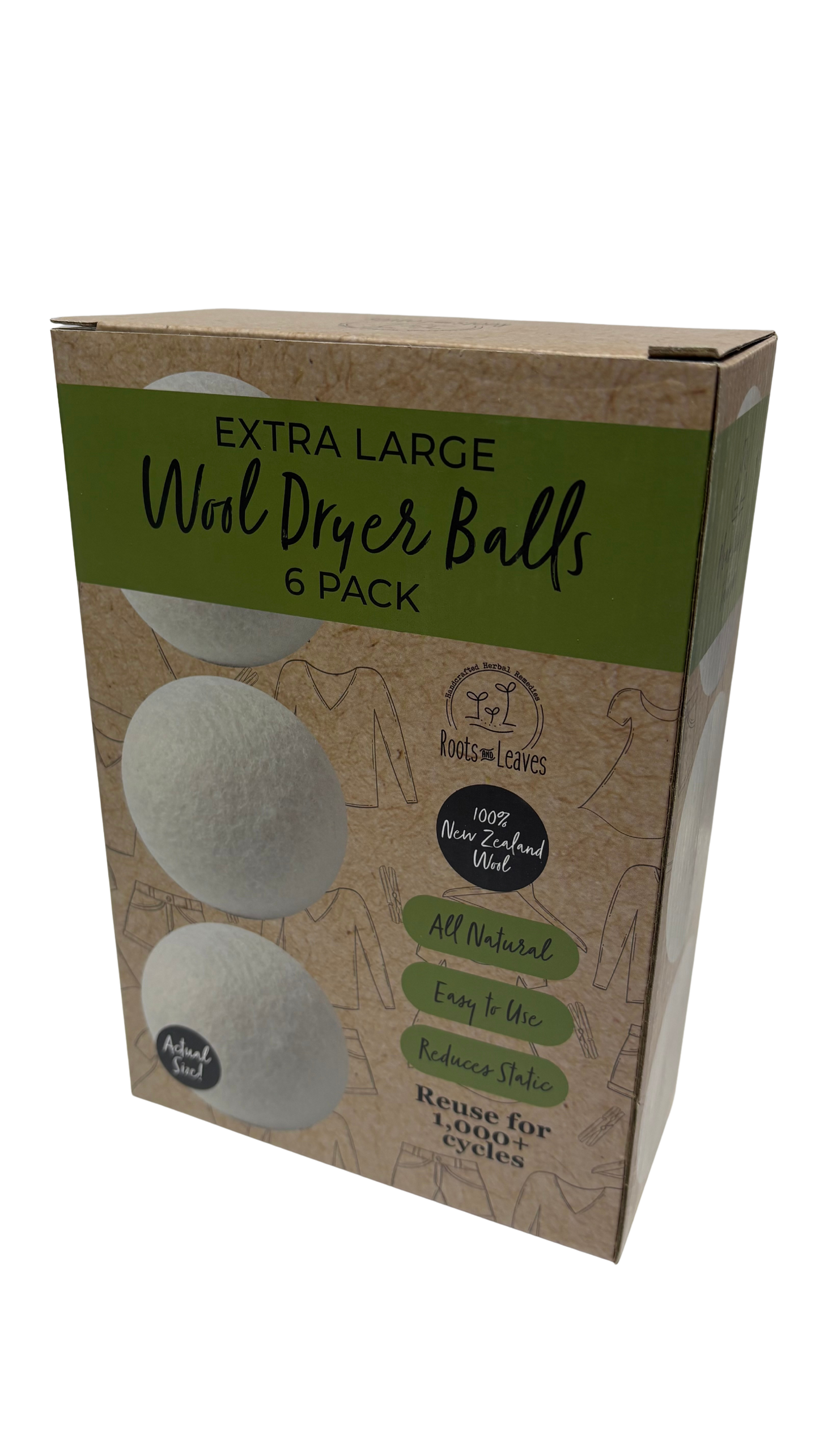 Set of New Zealand wool dryer balls by Roots and Leaves LLC, soft and eco-friendly laundry accessories for fabric softening.