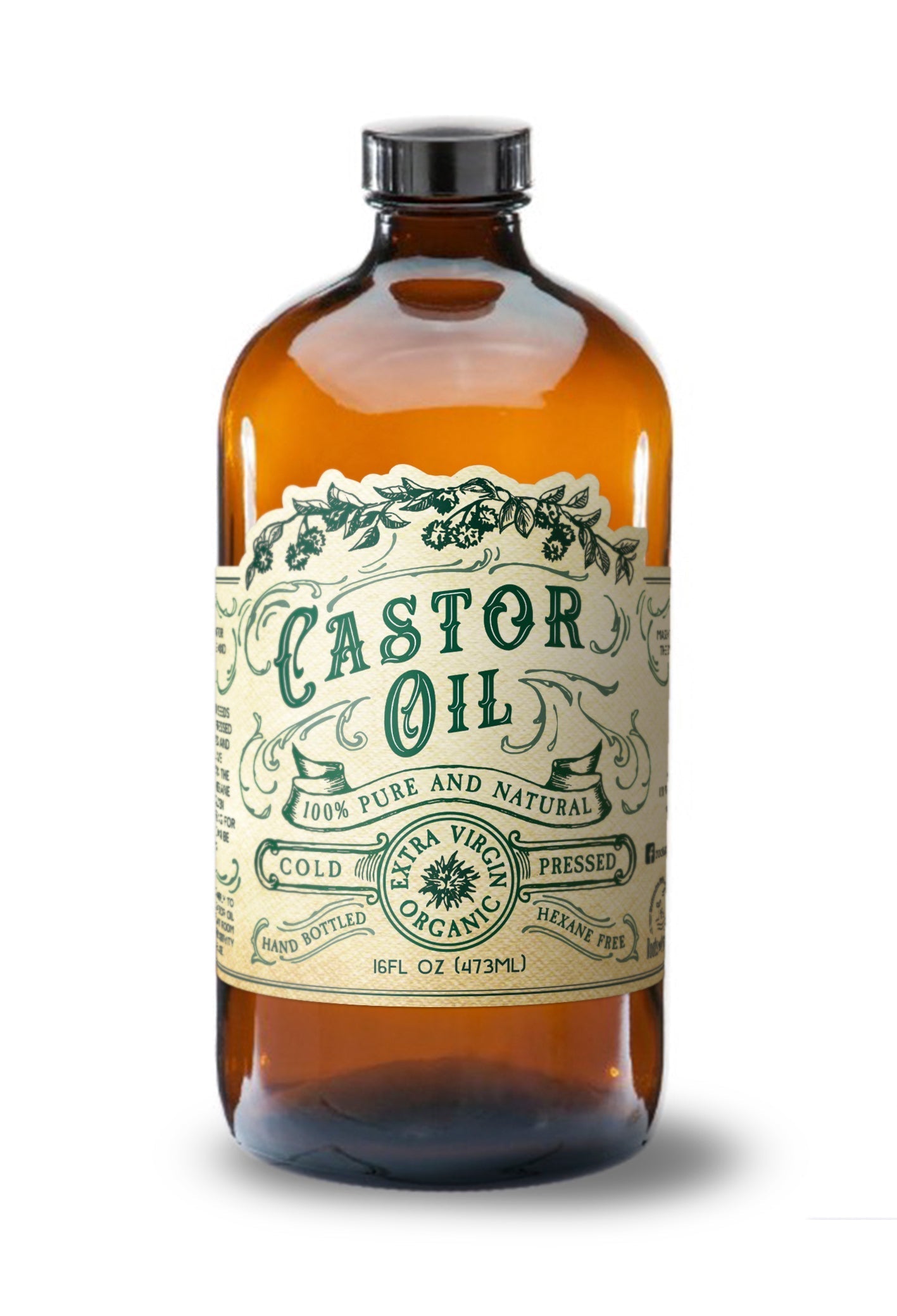 Organic cold-pressed hexane-free castor oil from Roots and Leaves LLC in a 16 oz bottle, with the oil visible in the image.