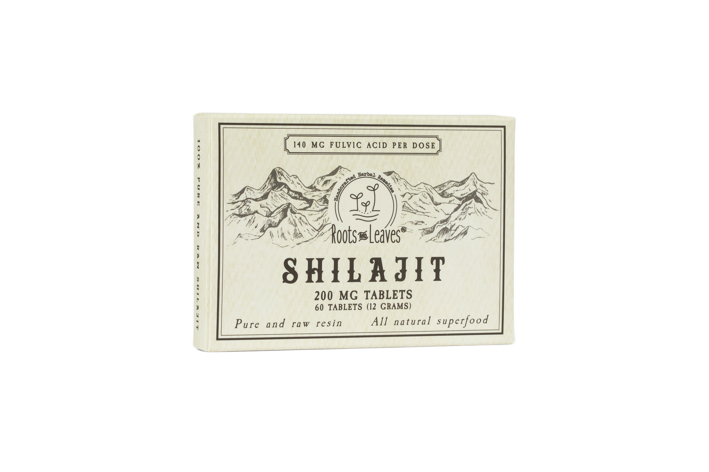 Pure Shilajit Tablets from Roots and Leaves LLC, 60-count bottle, showing brown tablets with natural herbal packaging.