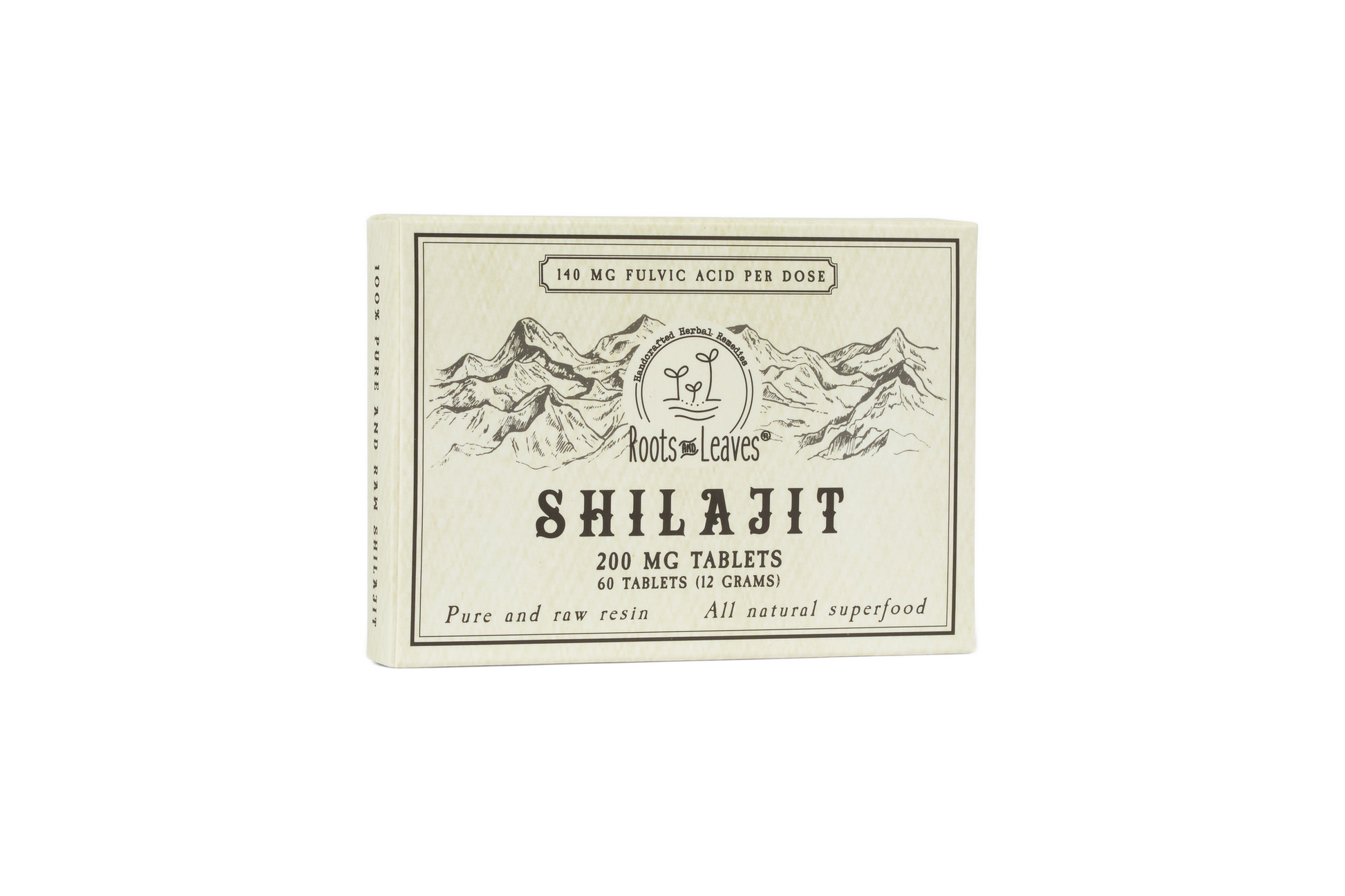 Pure Shilajit Tablets from Roots and Leaves LLC, 60-count bottle, showing brown tablets with natural herbal packaging.