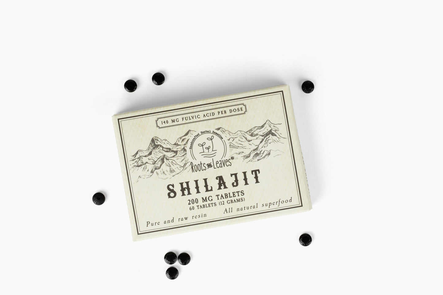 Pure Shilajit Tablets by Roots and Leaves LLC, 60 count, showing a bottle of dietary supplement tablets for natural energy.