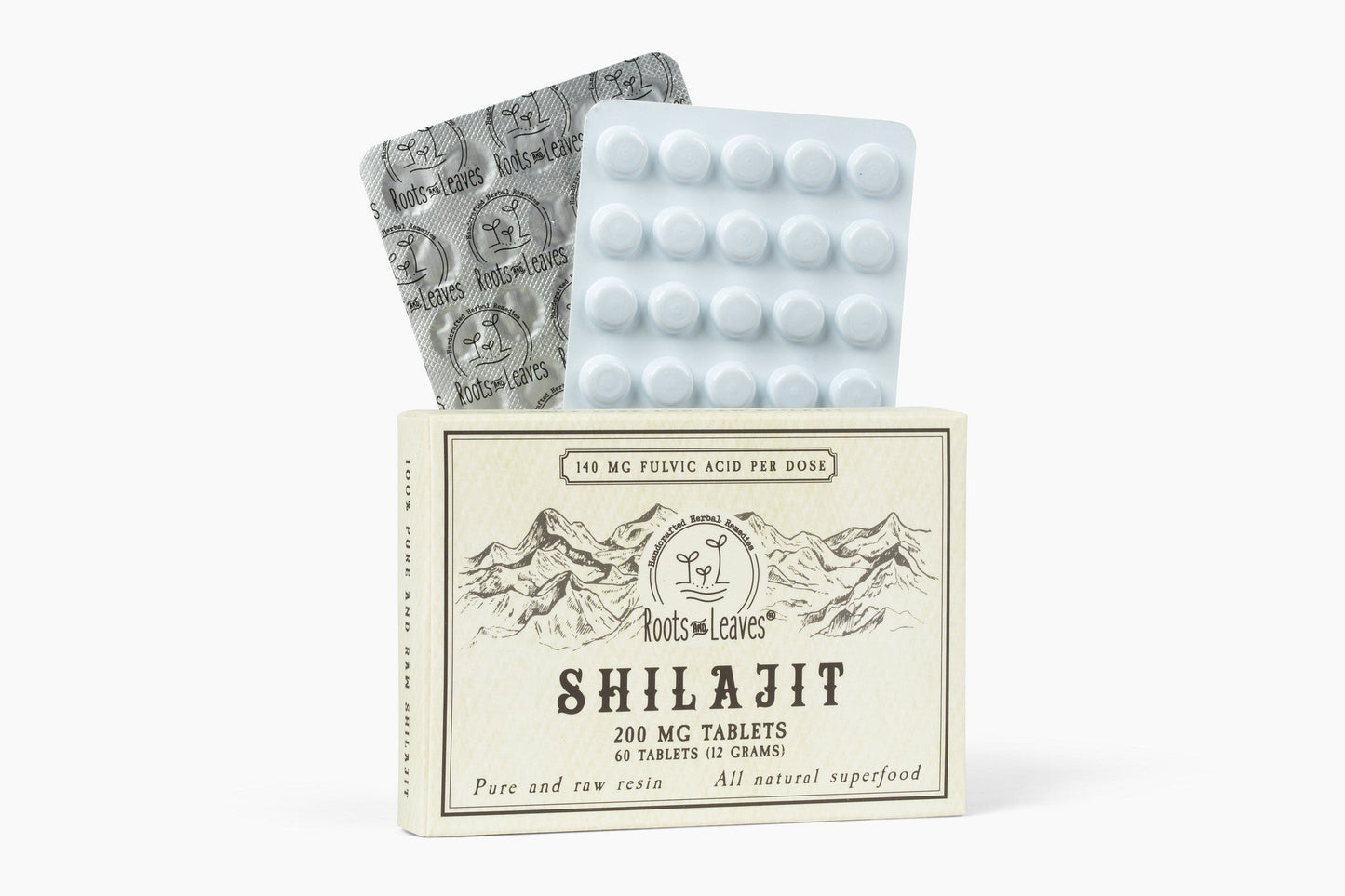 Pure Shilajit tablets by Roots and Leaves LLC, 60-count bottle showing the supplement packaging and tablets.