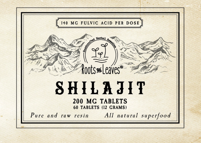 Pure Shilajit tablets from Roots and Leaves LLC, 60-count bottle, showing the supplement tablets in a clear container.
