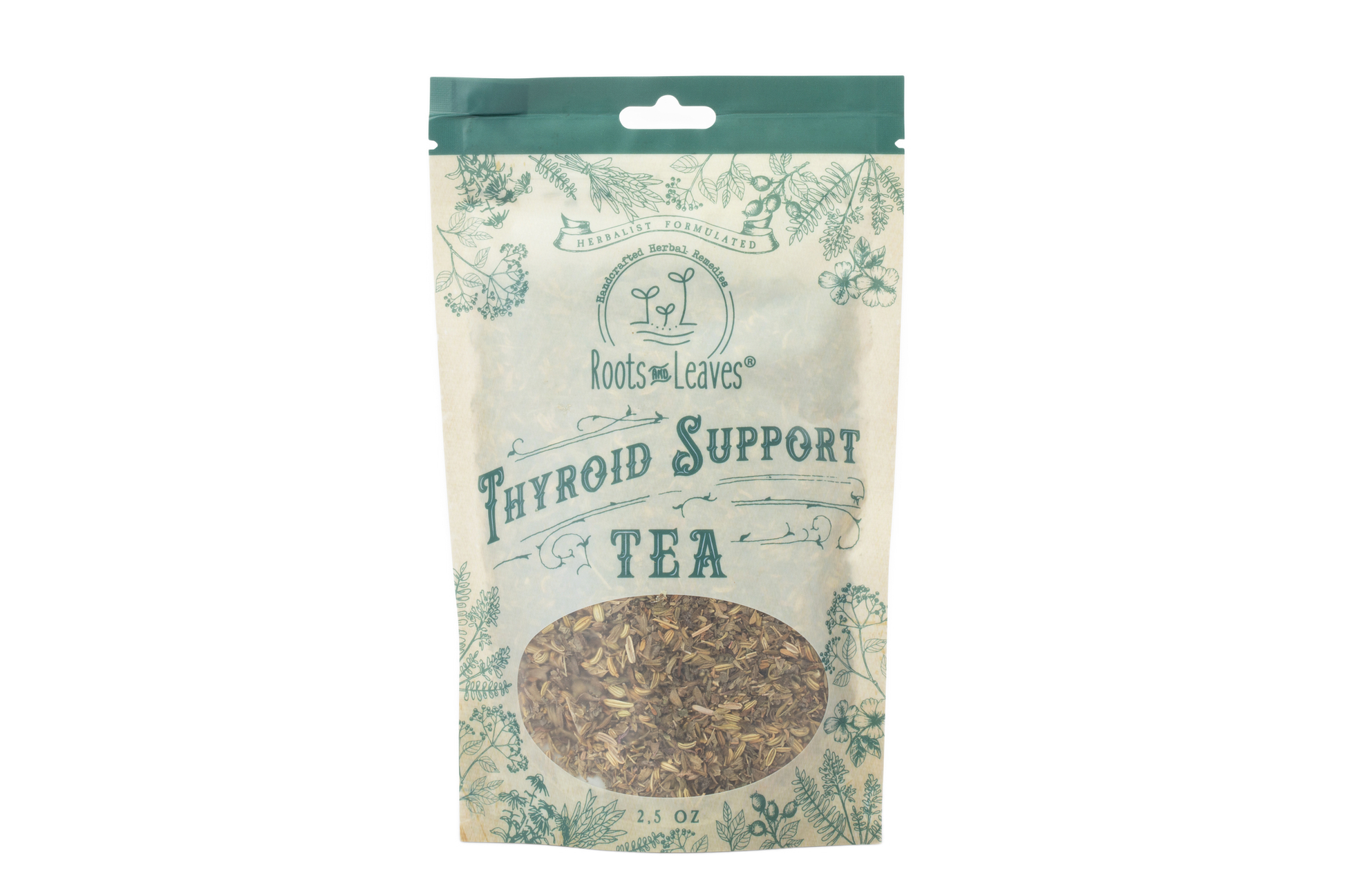 Herbal thyroid support tea in a clear glass cup with tea leaves, promoting natural wellness by Roots and Leaves LLC.