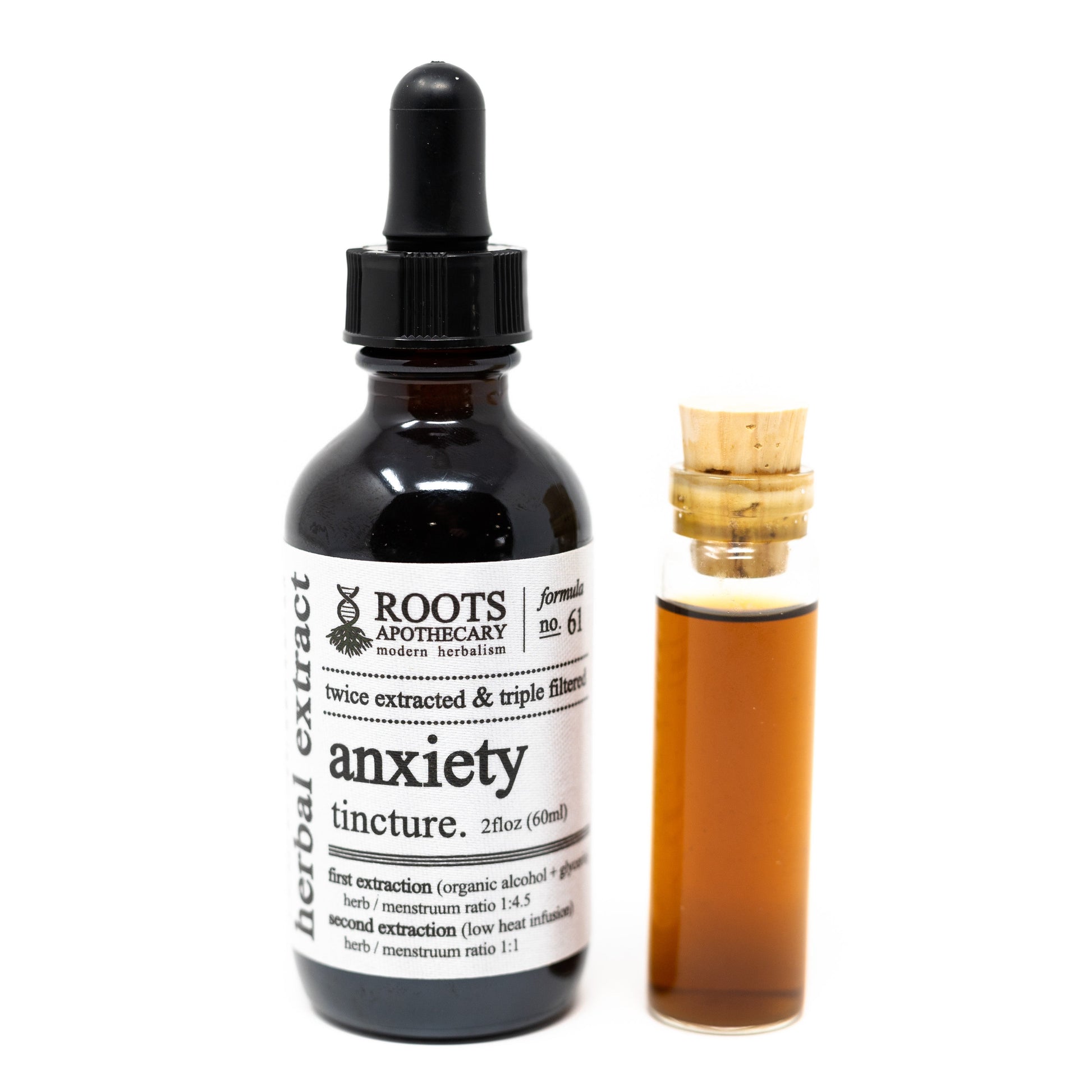 Roots Apothecary anxiety tincture bottle, featuring herbal tincture for stress relief in a glass dropper bottle.