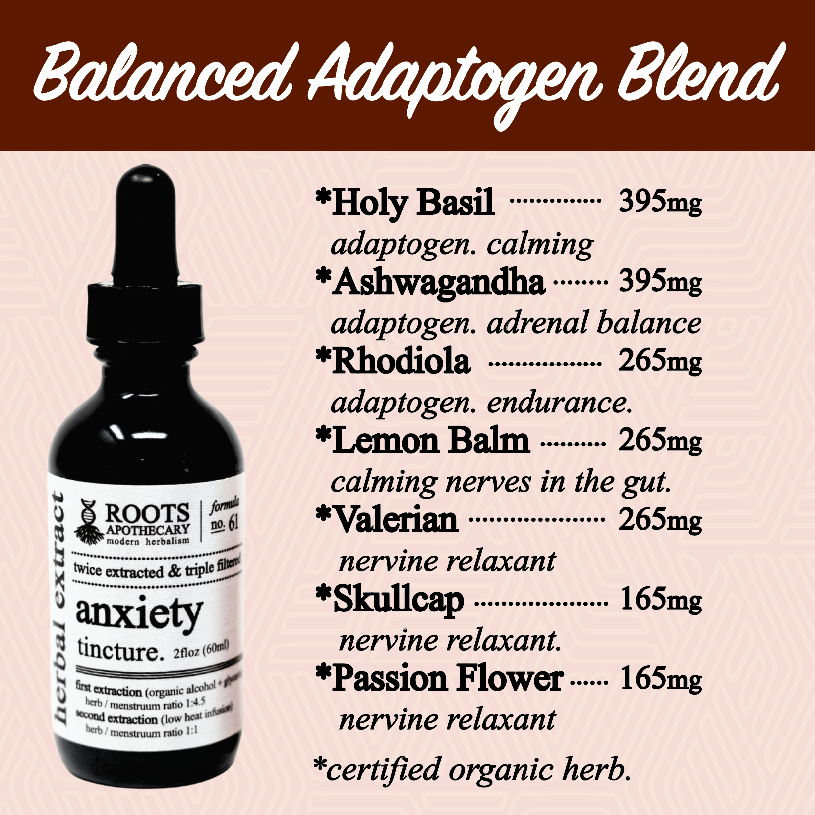 Roots Apothecary anxiety tincture bottle, featuring natural herbal tincture for stress relief and calming effects.