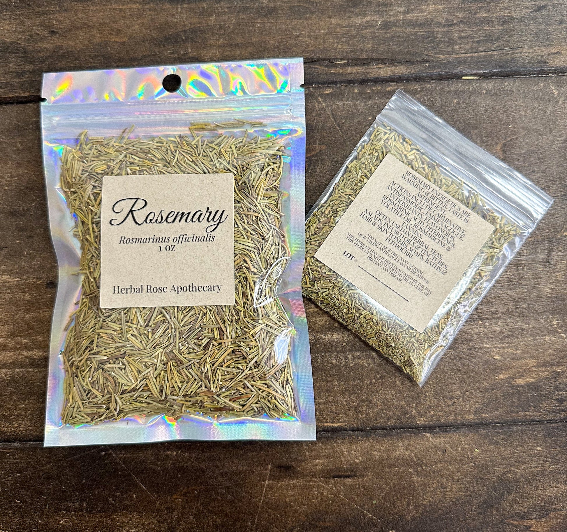 Dried rosemary herbs in a glass jar from HerbalRoseApothecary, showing fresh green needle-like leaves for culinary or aromatic use.