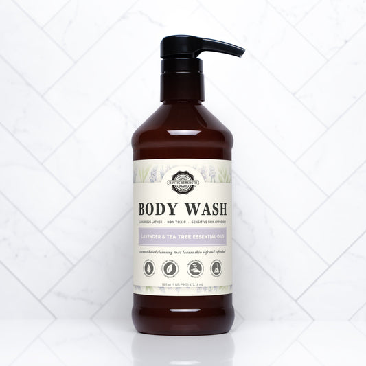 Rustic Strength moisturizing body wash with lavender and tea tree, showing a 16 oz bottle with calming lavender and tea tree ingredients.