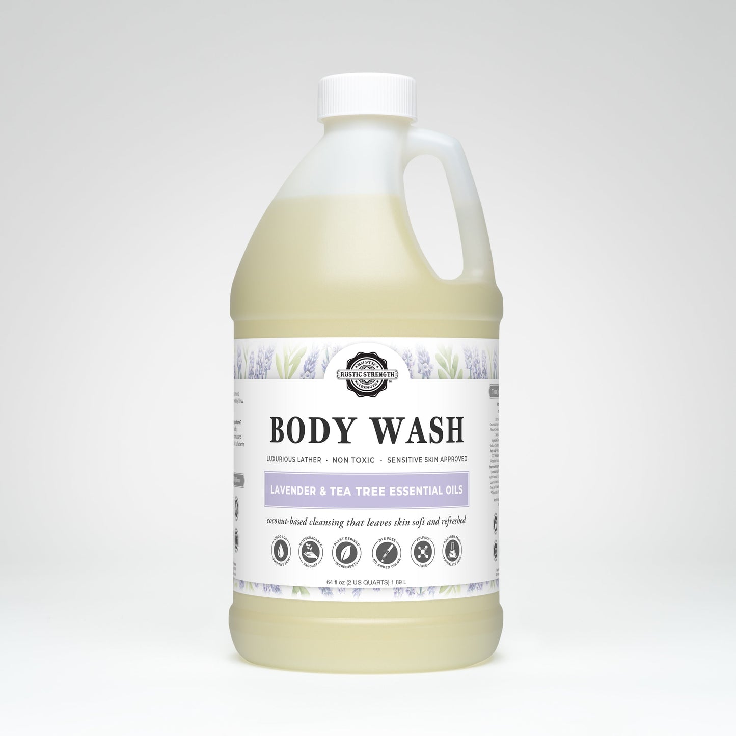 Rustic Strength moisturizing body wash in lavender and tea tree, showing a clear 16 oz bottle with lavender and tea tree ingredients.