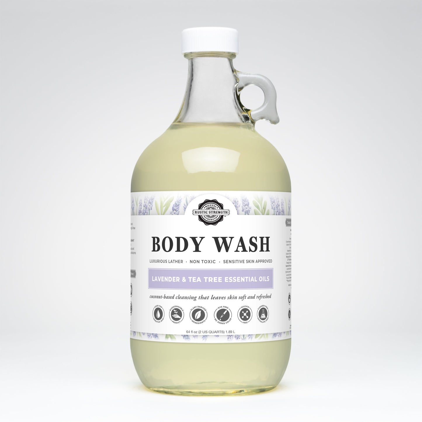 Rustic Strength Lavender and Tea Tree Moisturizing Body Wash in a 16 oz bottle, featuring a soothing lavender and tea tree scent.