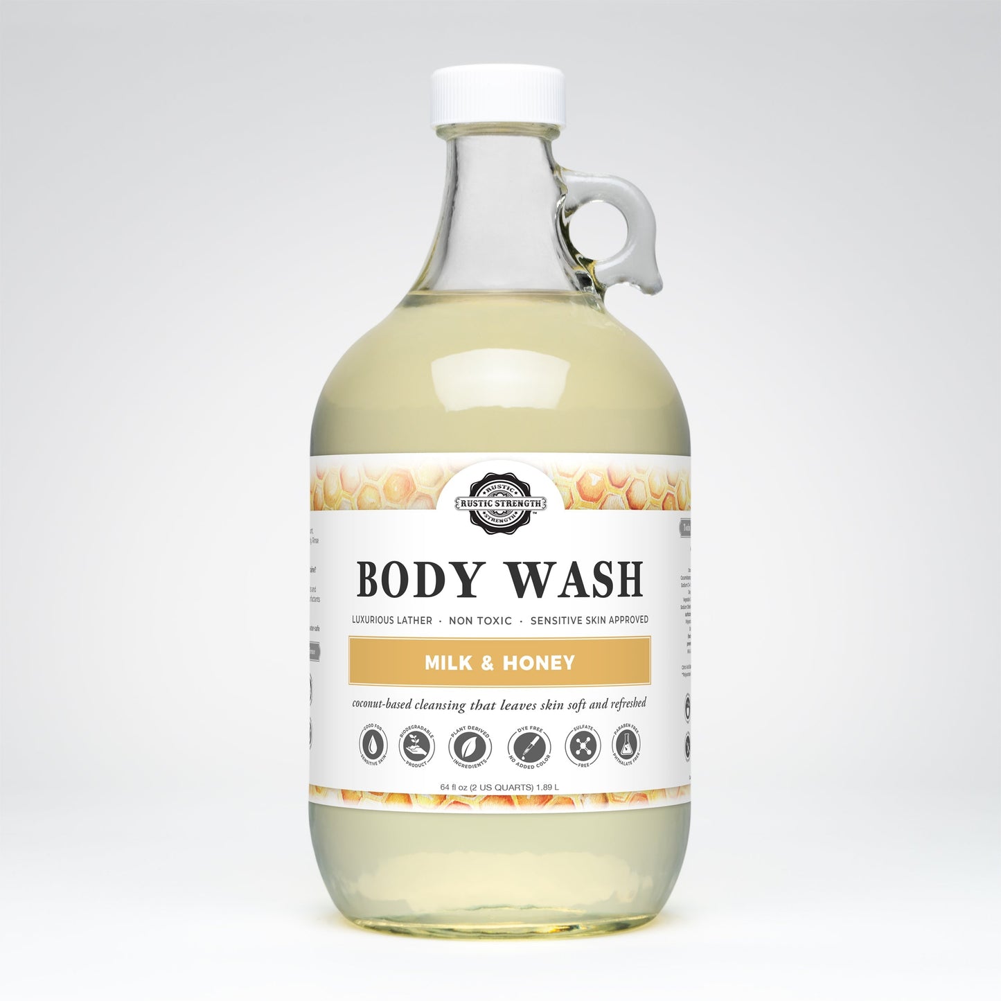 Rustic Strength moisturizing body wash with milk and honey, creamy bath and body product in a 16 oz bottle.