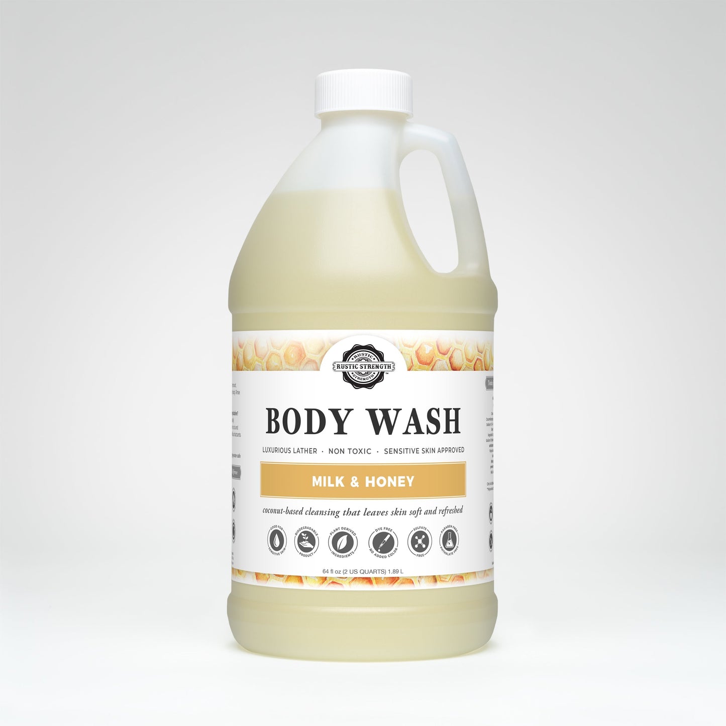 Rustic Strength Milk & Honey Moisturizing Body Wash in a 16 oz bottle, creamy texture with natural ingredients for soft skin.