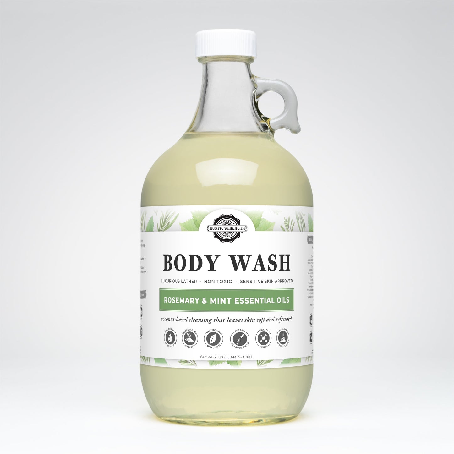 Rustic Strength moisturizing body wash in 16 oz bottle with rosemary and mint scent, ideal for nourishing bath and body care.