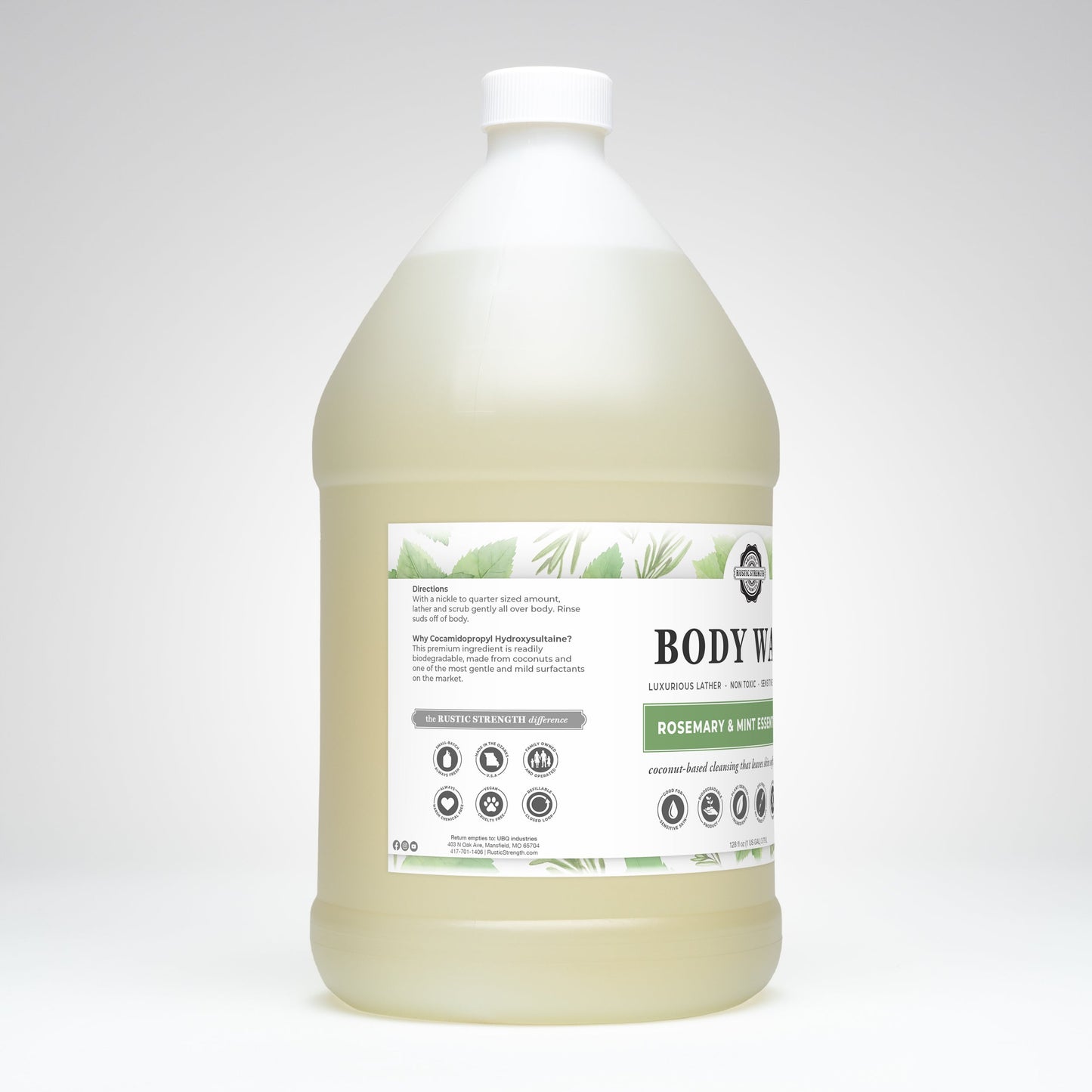 Rustic Strength Rosemary & Mint Moisturizing Body Wash in a 16 oz bottle, featuring fresh rosemary and mint for nourishing bath & body care.