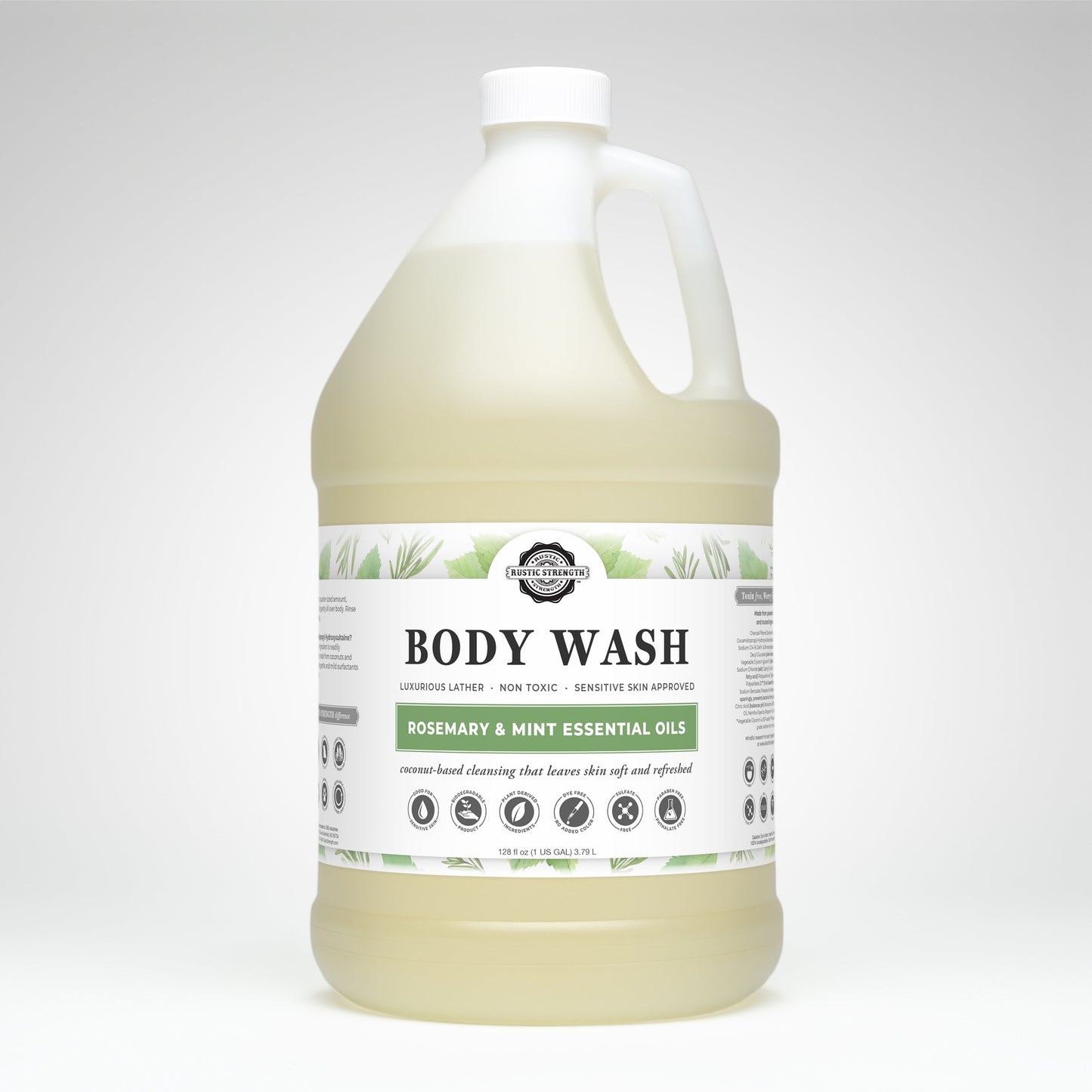 Rustic Strength Rosemary & Mint moisturizing body wash in a 16 oz bottle, showing the bath and body product with fresh herbs and mint leaves.
