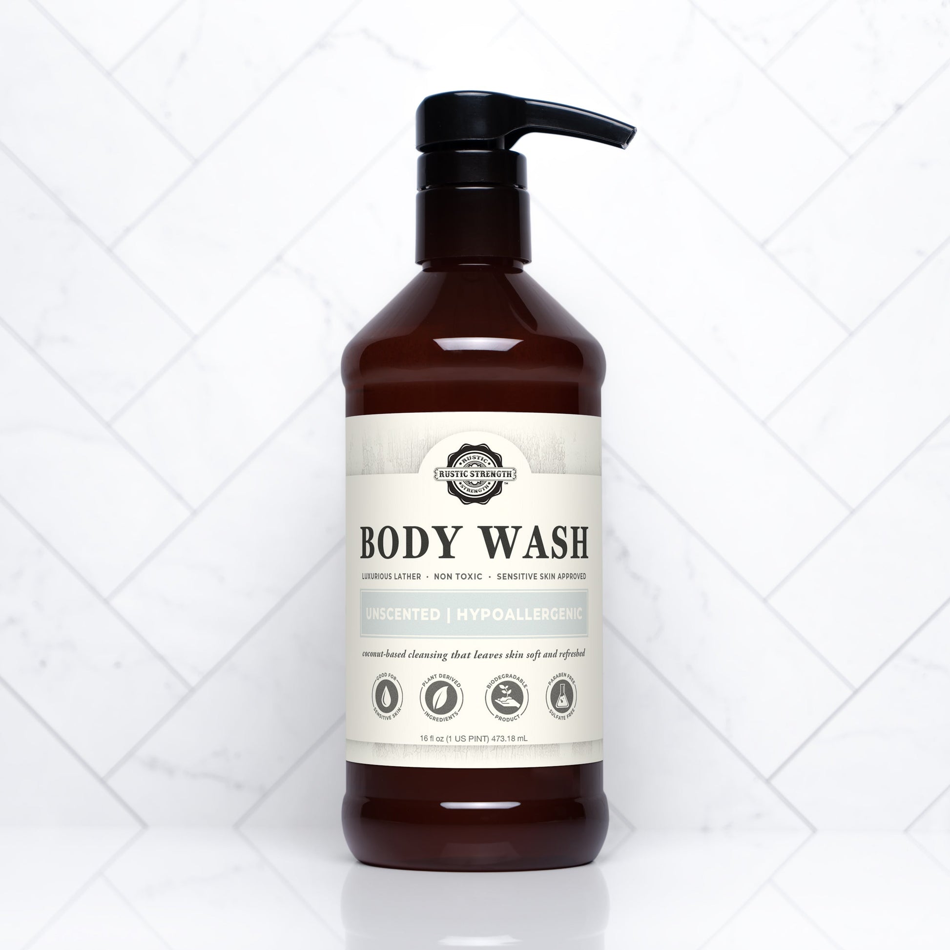 Rustic Strength unscented moisturizing body wash in a 16 oz bottle, designed for gentle cleansing and skin hydration.