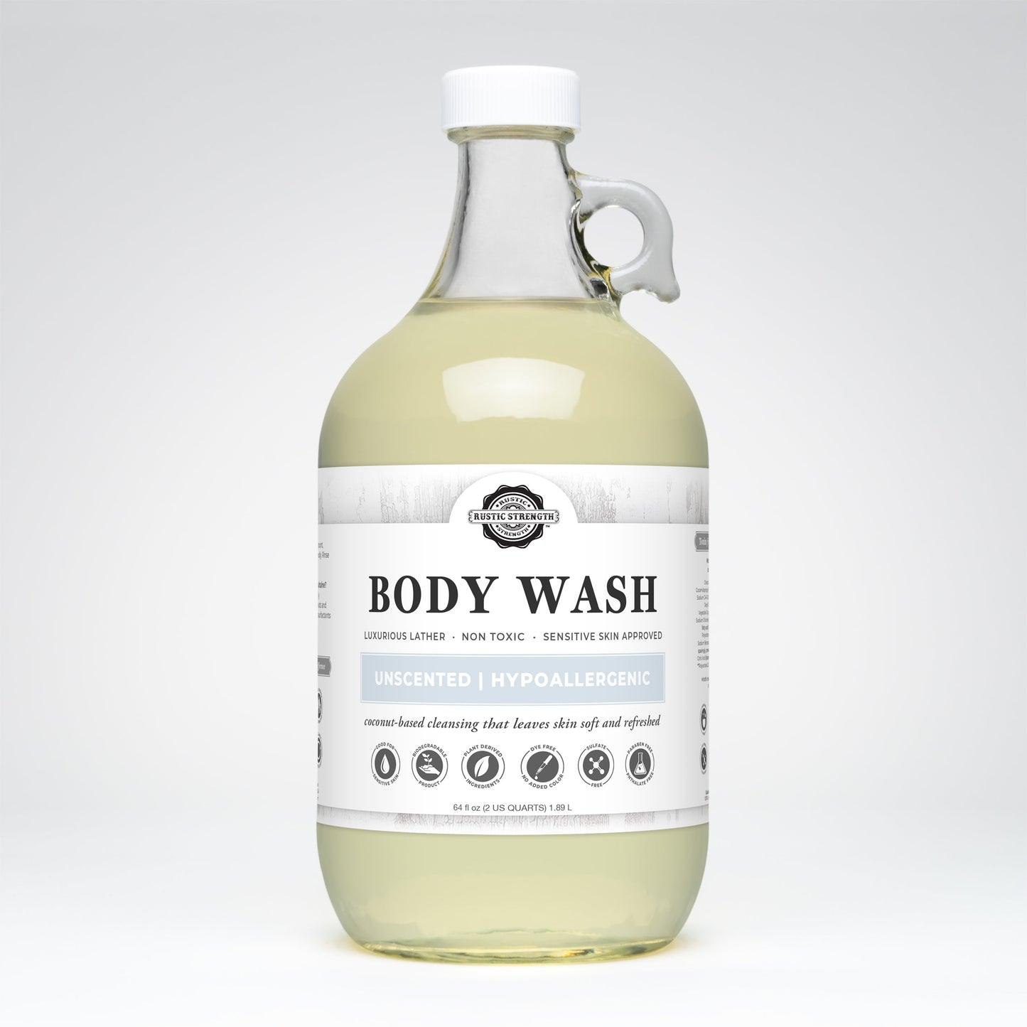 Rustic Strength unscented moisturizing body wash in a 16 oz bottle, gentle bath and body cleanser with nourishing formula.