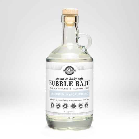 Rustic Strength Bubble Bath for Mama and Baby, 16 oz with flip-top spout, gentle and safe for sensitive skin.