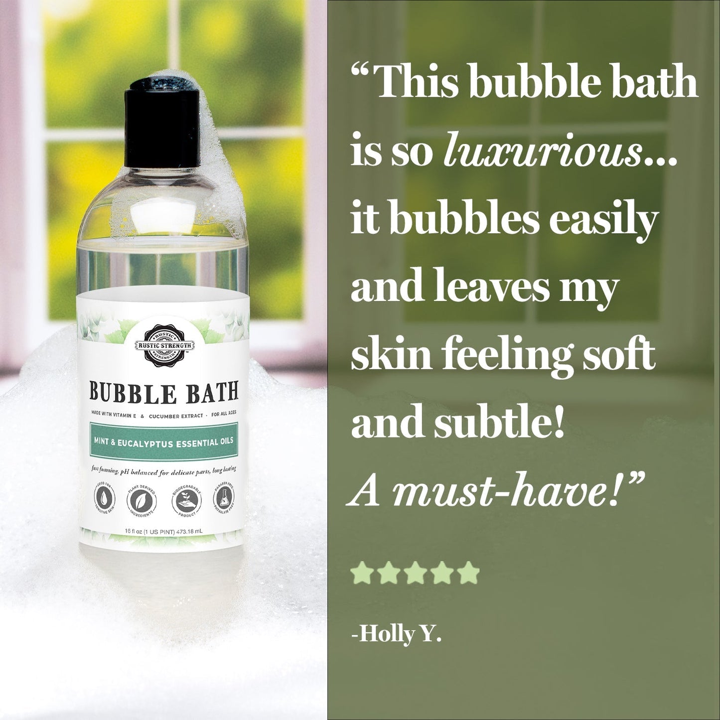 Rustic Strength 16 oz Bubble Bath for Mama and Baby, gentle, safe, and soothing bath & body product with flip-top spout.
