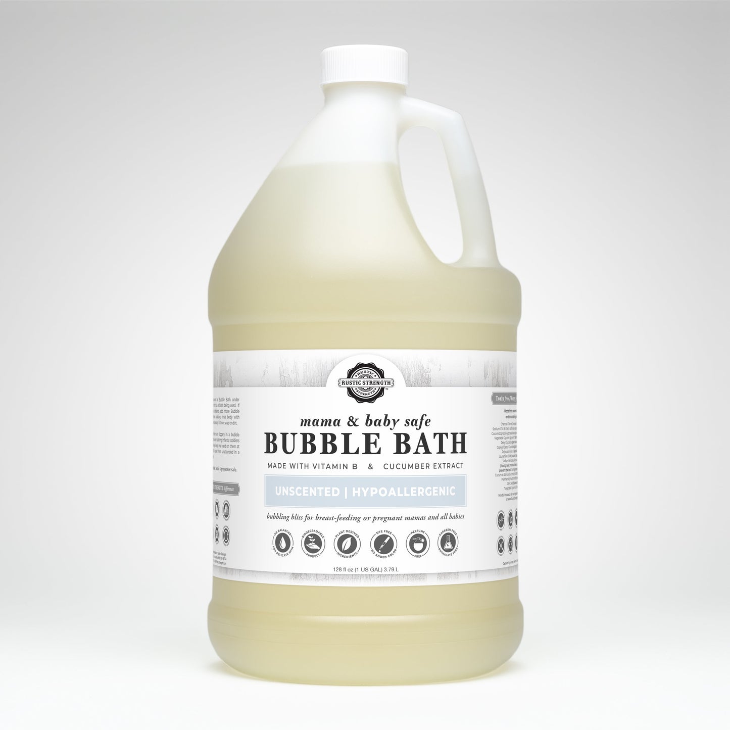 Rustic Strength 16 oz bubble bath for mama and baby, safe for sensitive skin, with flip-top spout in a clear bottle.