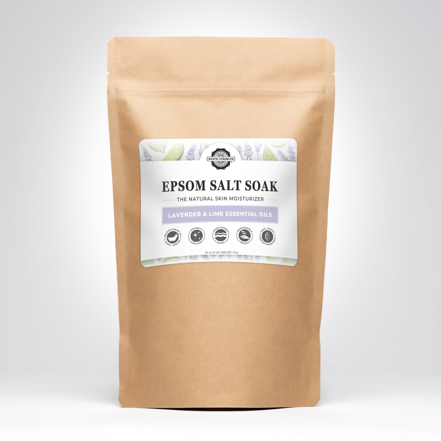 A brown, resealable pouch labeled Epsom Salt Soak | Lavender & Lime by Rustic Strength, with non-toxic lavender and lime oils, natural moisturizer claims, minimalist icons, shown on a plain white background.