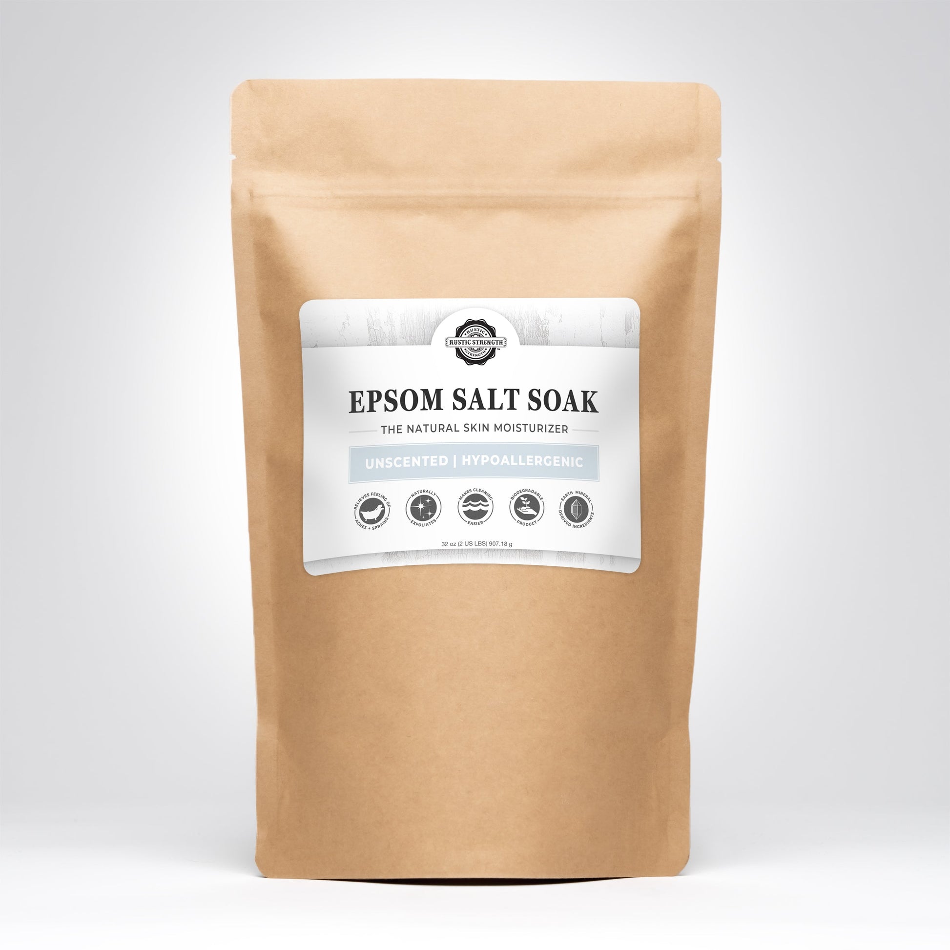 Unscented Epsom Salt soak from Rustic Strength, 2 lb bag, ideal for relaxing bath and body skincare routines.