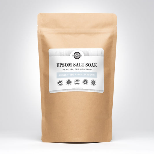 Unscented Epsom Salt soak from Rustic Strength, 2 lb bag, ideal for relaxing bath and body skincare routines.