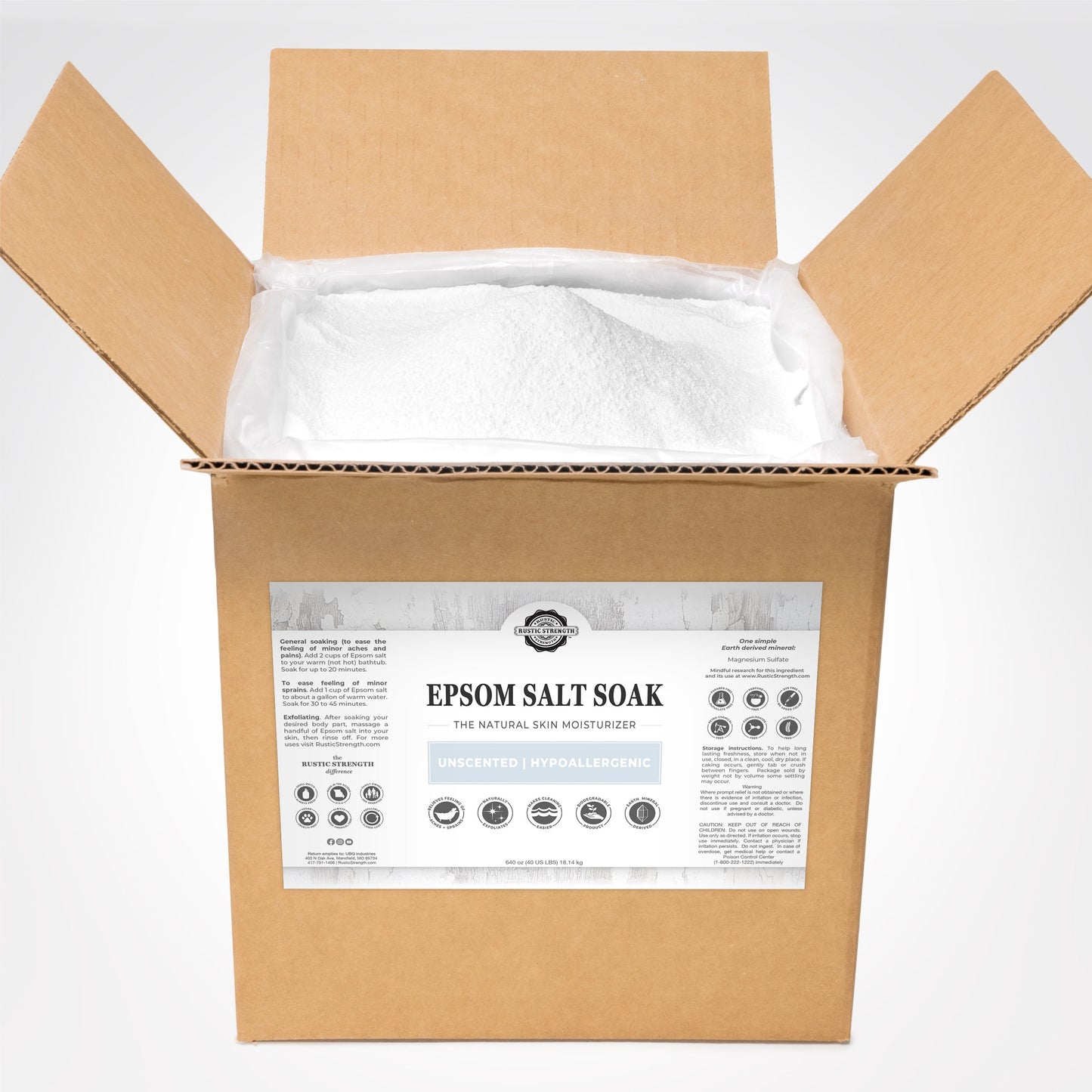 Rustic Strength unscented Epsom Salt soak in a 2 lb bag, ideal for relaxing bath and body care.