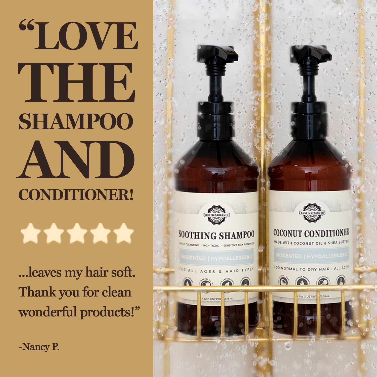 Two brown pump-top bottles of Rustic Strength Coconut Conditioner | Mama + Baby Safe sit on a shower shelf behind wet glass. A five-star customer review highlights how soft and clean their hair feels.