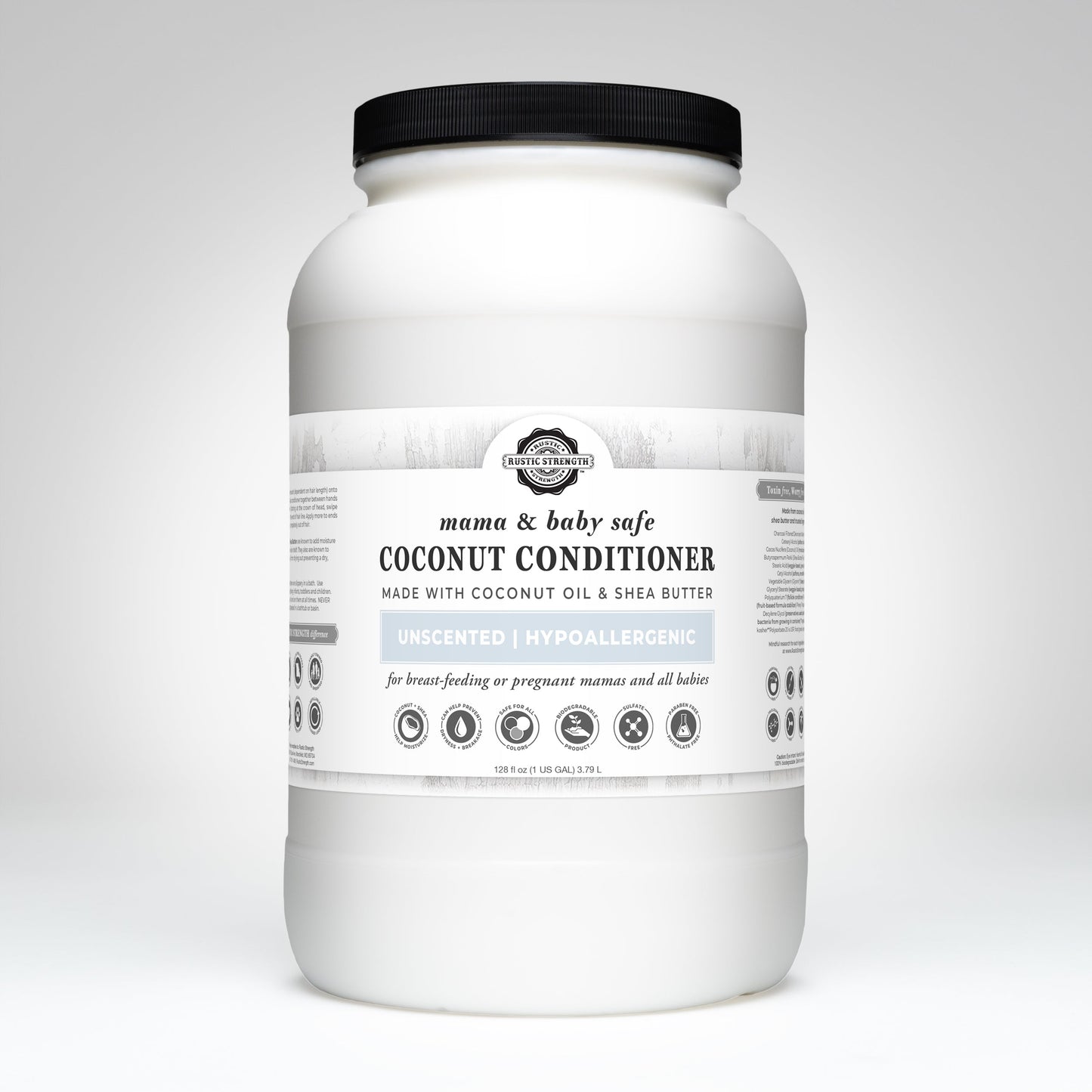 A large white container of Rustic Strength Coconut Conditioner | Mama + Baby Safe, an unscented, hypoallergenic, moisturizing conditioner with coconut oil and shea butter—safe for pregnant or breastfeeding women and babies.