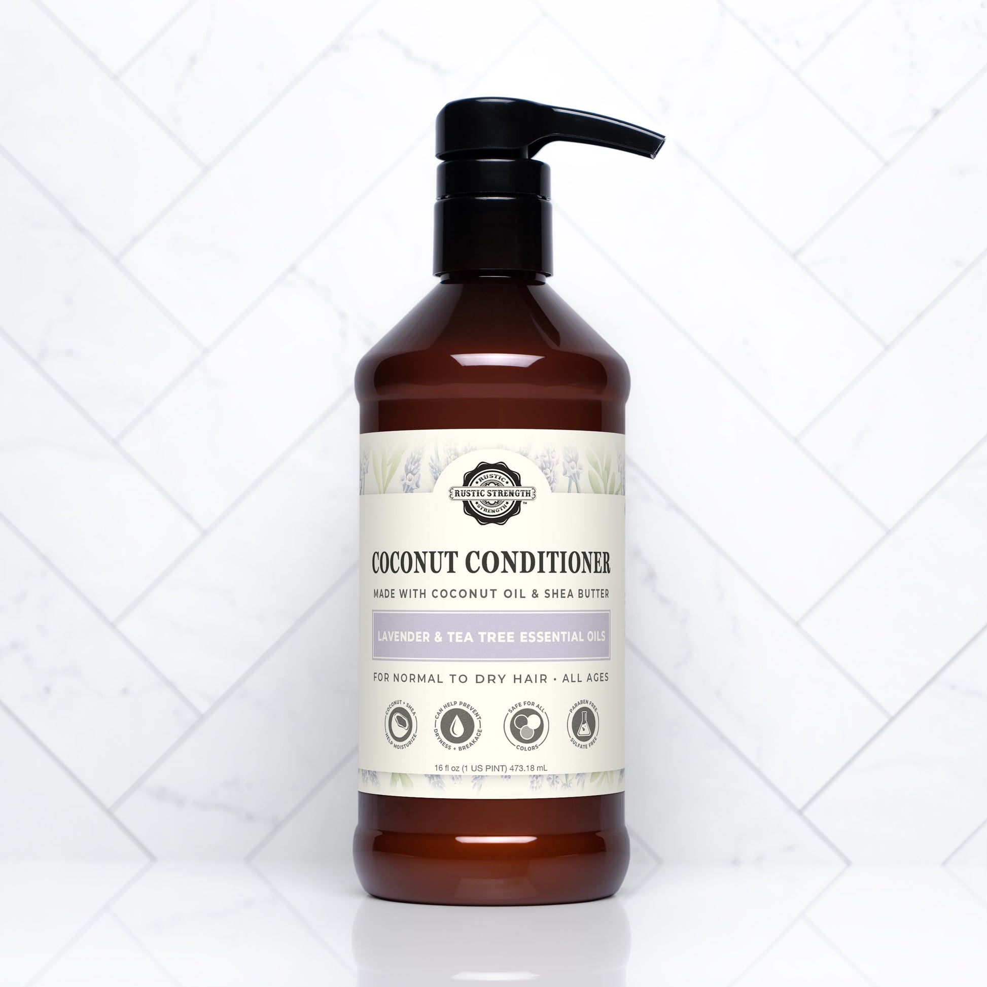 Rustic Strength Coconut Conditioner with Lavender and Tea Tree, 16 oz bottle, creamy formula for nourishing hair.
