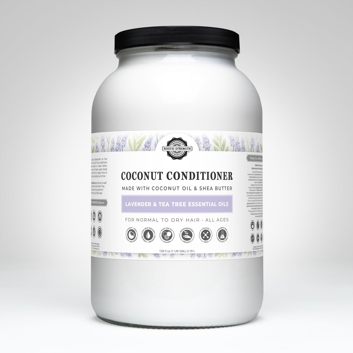Rustic Strength Coconut Conditioner with lavender and tea tree, 16 oz bottle, creamy formula for nourishing hair care.