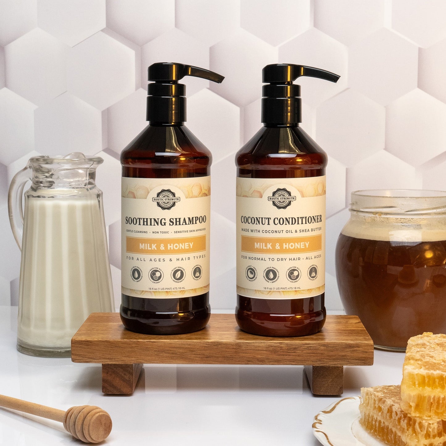 Rustic Strength Coconut Conditioner with Milk & Honey in 16 oz bottle, creamy conditioner for nourishing hair.