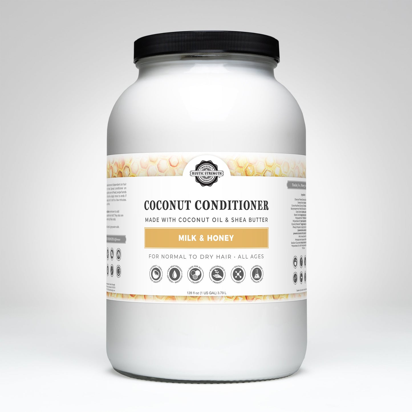 Rustic Strength Coconut Conditioner with Milk & Honey in a 16 oz bottle, showcasing the creamy conditioner texture and packaging.
