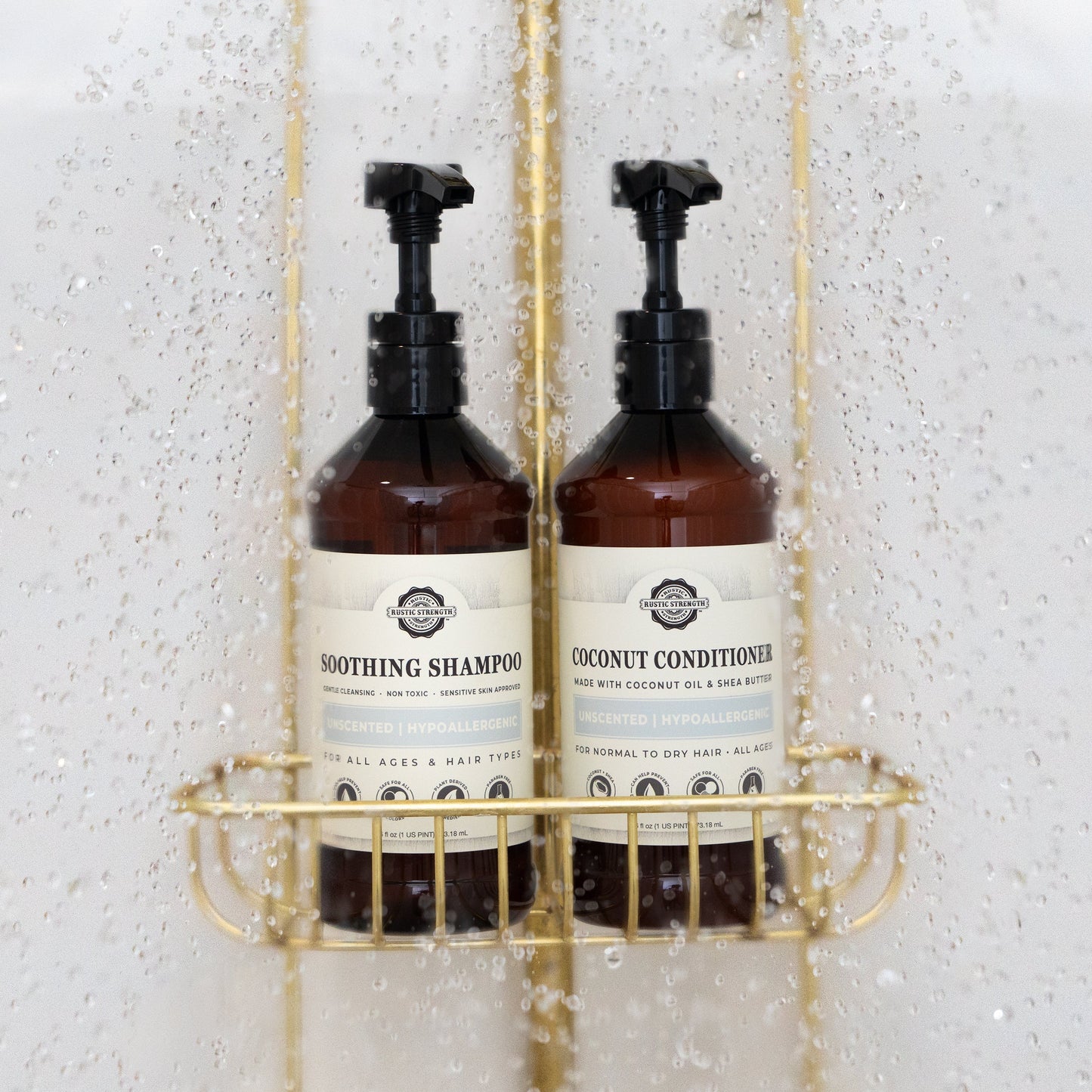 Rustic Strength Coconut Conditioner with rosemary and mint in a 16 oz bottle, showing the conditioner and fresh botanical ingredients.