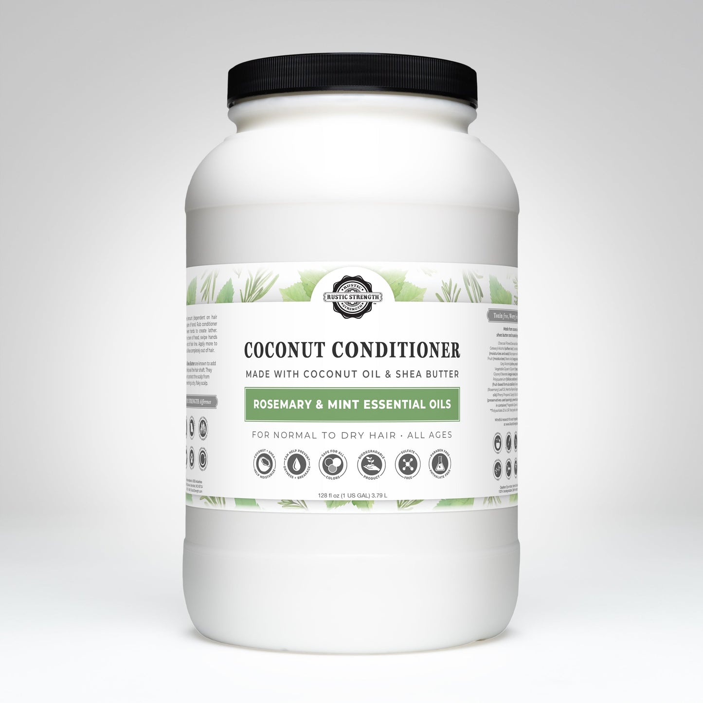 Rustic Strength Coconut Conditioner with rosemary and mint, 16 oz bottle, creamy formula for nourishing hair.