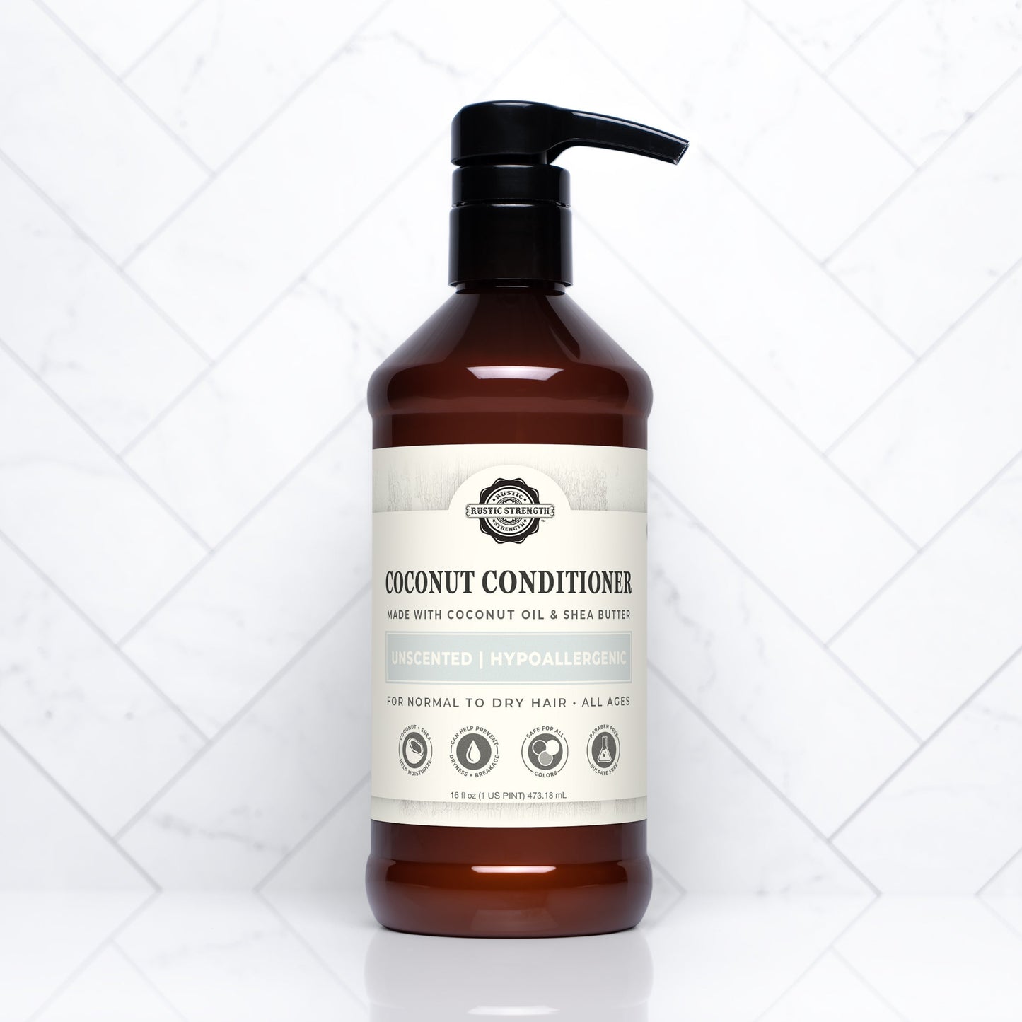 Rustic Strength unscented coconut conditioner in a 16 oz bottle, showing the conditioner's smooth, creamy texture and natural packaging.