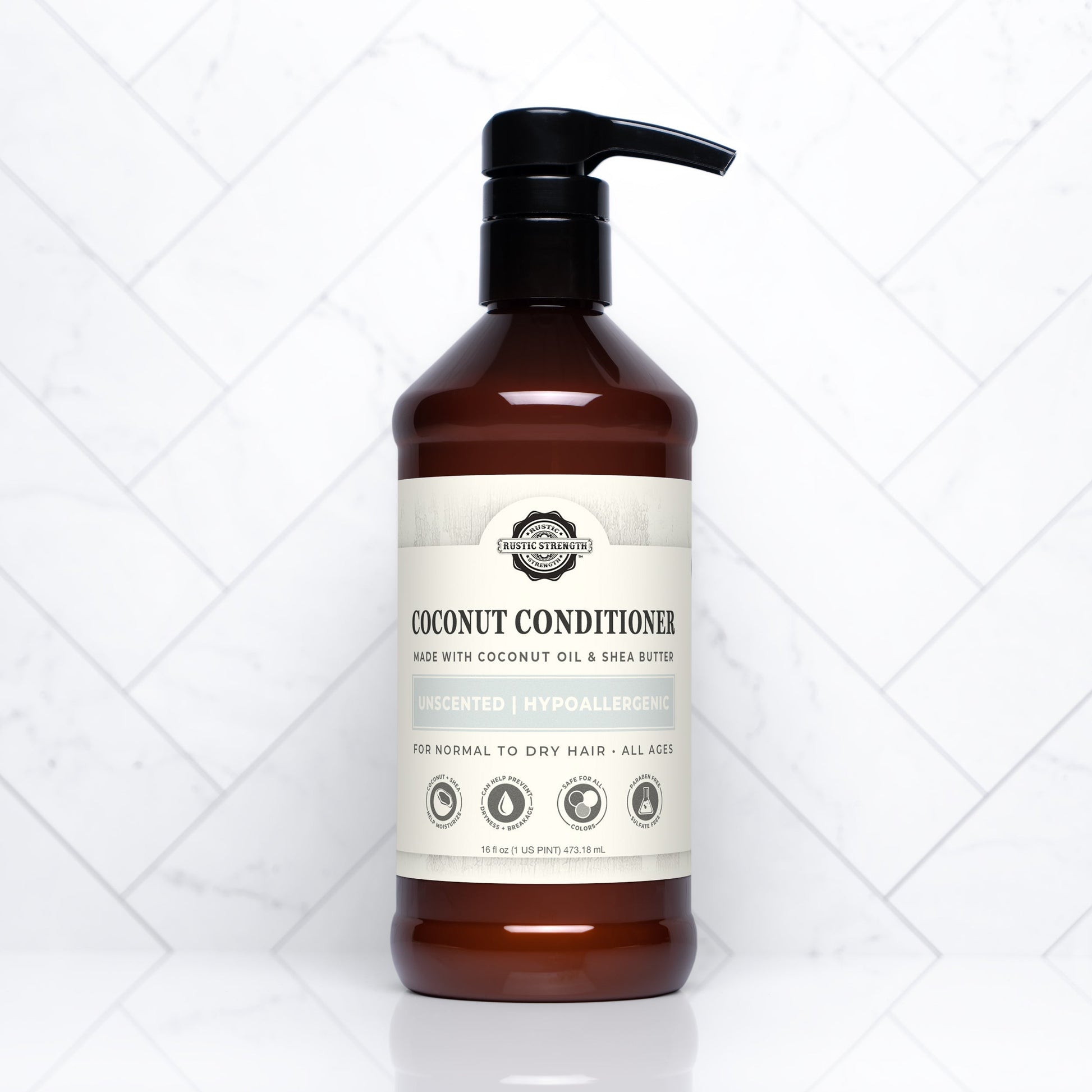 Rustic Strength unscented coconut conditioner in a 16 oz bottle, showing the conditioner's smooth, creamy texture and natural packaging.