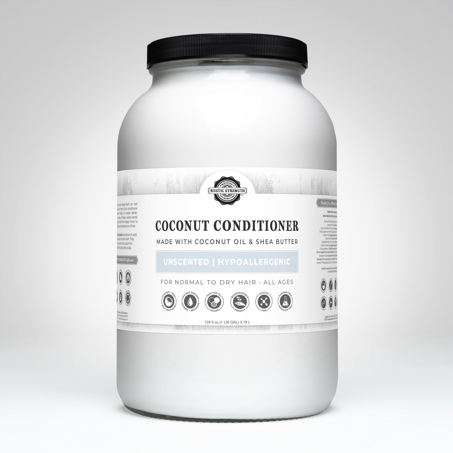Rustic Strength unscented coconut conditioner bottle showing the 16 oz size with a clean label and pump dispenser.