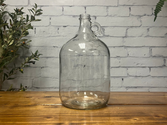 The Rustic Strength 1 Gallon Glass Jug with Cap sits on a wooden surface before a white brick wall, flanked by green plants. Get yours now—limited stock available!.