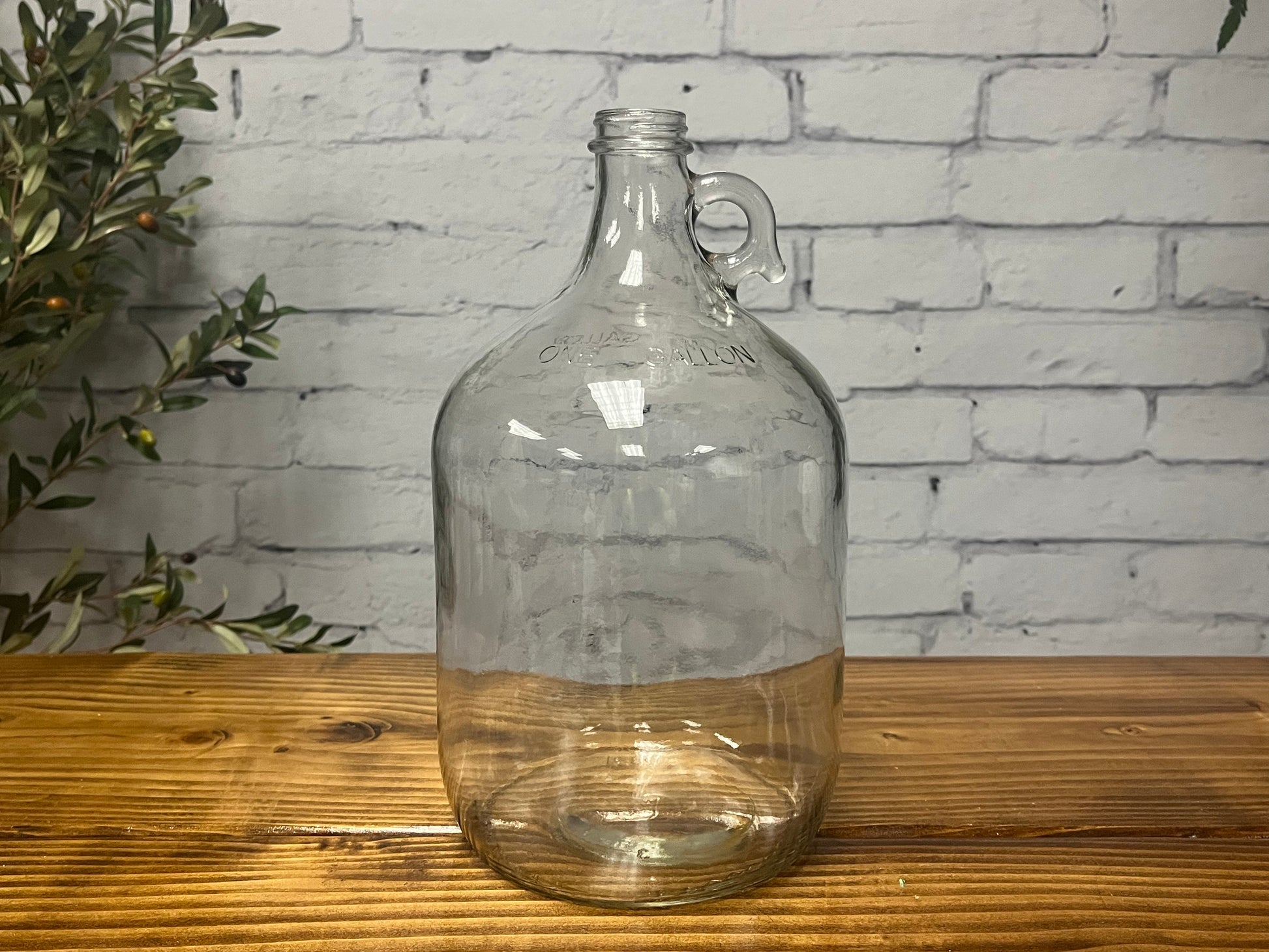 The Rustic Strength 1 Gallon Glass Jug with Cap, featuring a small handle near the neck, sits on a wooden surface by a white brick wall with green leafy branches nearby. This popular item is available in limited stock.