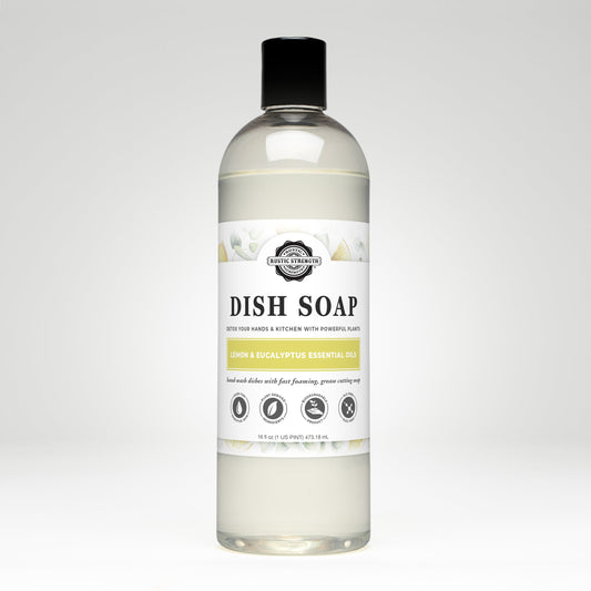Rustic Strength Lemon & Eucalyptus Dish Soap in a 16 oz bottle with lemon and eucalyptus scent, showcasing the soap's natural ingredients.