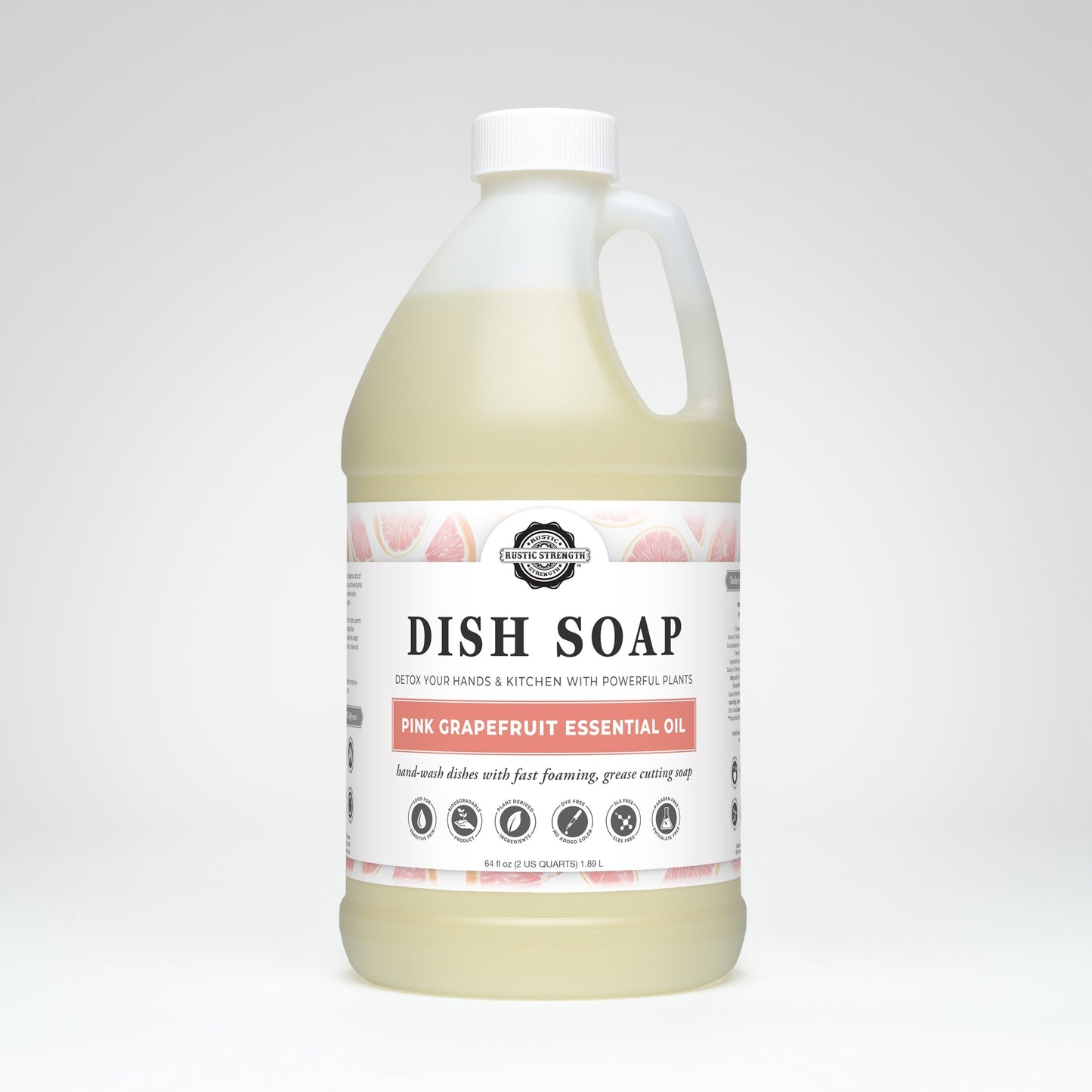 Rustic Strength Pink Grapefruit Dish Soap in a 16 oz bottle, featuring a vibrant pink grapefruit scent and natural cleaning ingredients.