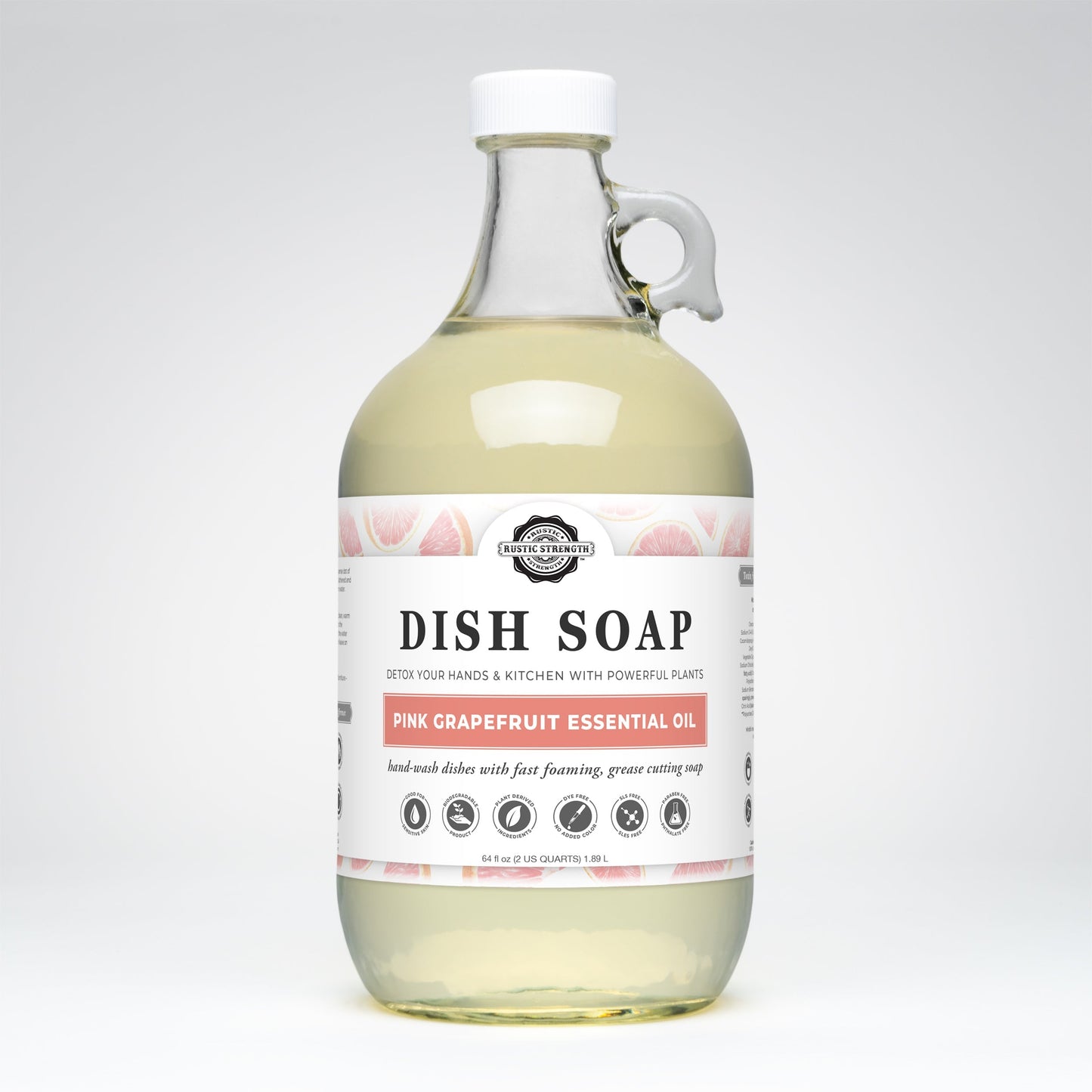 Rustic Strength Pink Grapefruit Dish Soap in 16 oz bottle, showcasing vibrant pink grapefruit scent and clear liquid soap