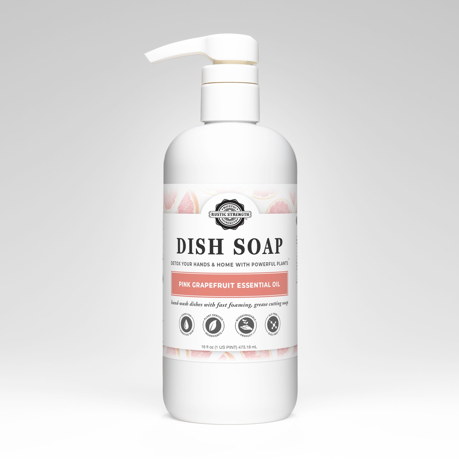 Rustic Strength Pink Grapefruit dish soap bottle showing the 16 oz size with vibrant pink grapefruit label.