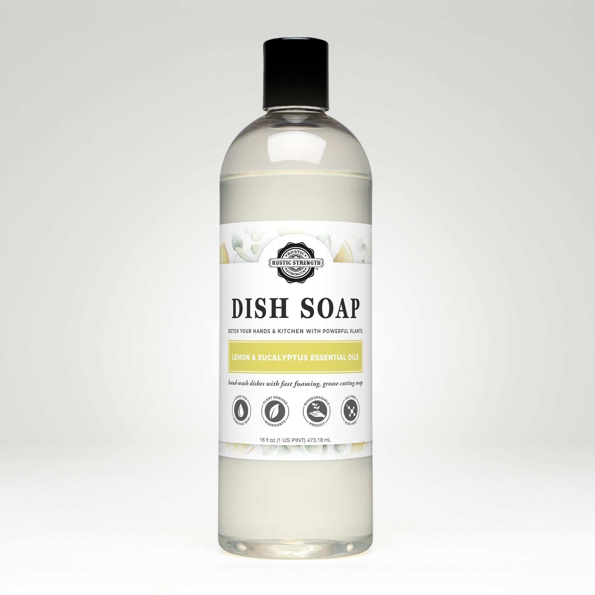 Rustic Strength Lemon & Eucalyptus Dish Soap in a 16 oz bottle with lemon and eucalyptus scent, showcasing the soap's natural ingredients.