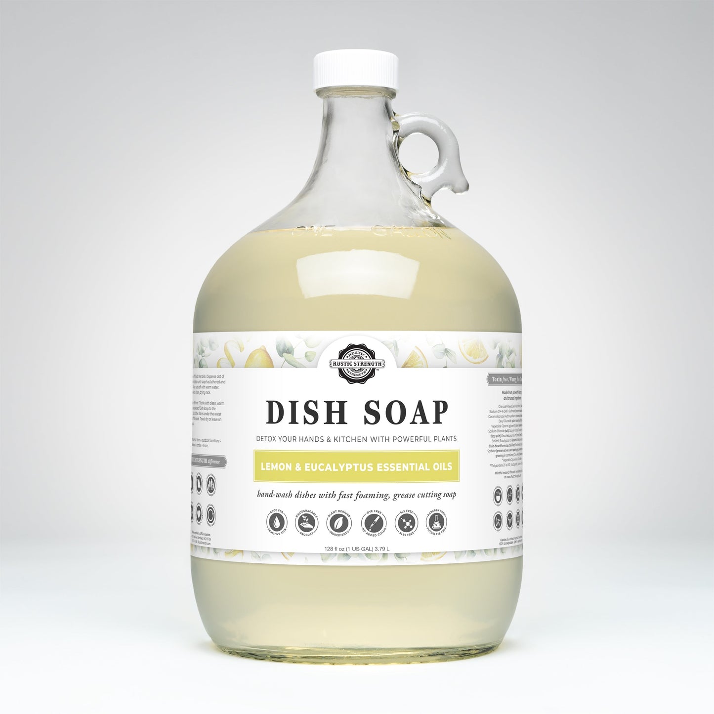 Rustic Strength Lemon & Eucalyptus Dish Soap in a 16 oz bottle, featuring fresh citrus and herbal scent for cleaning dishes.