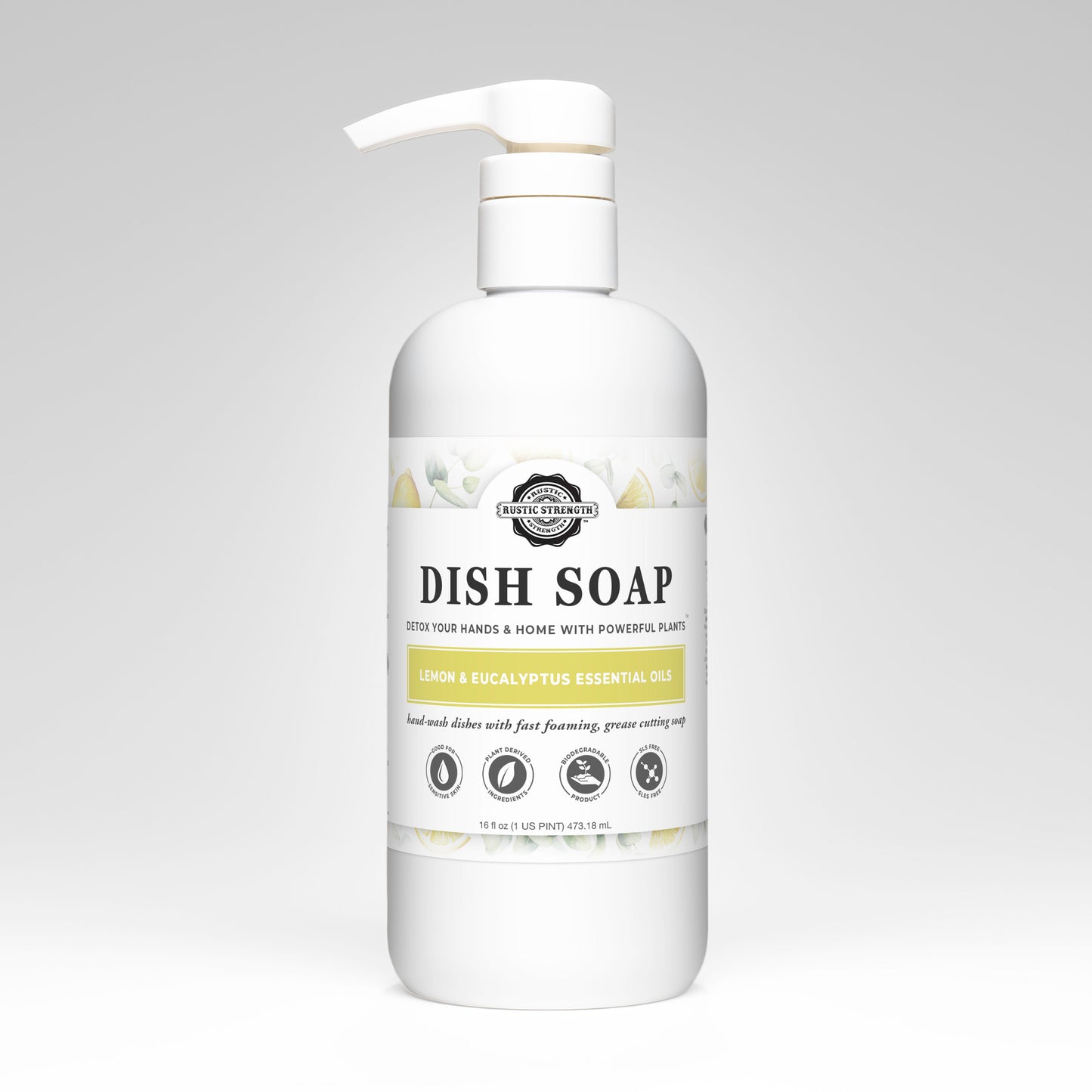 Rustic Strength Lemon & Eucalyptus Dish Soap bottle, 16 oz, with lemon and eucalyptus scent and label visible.