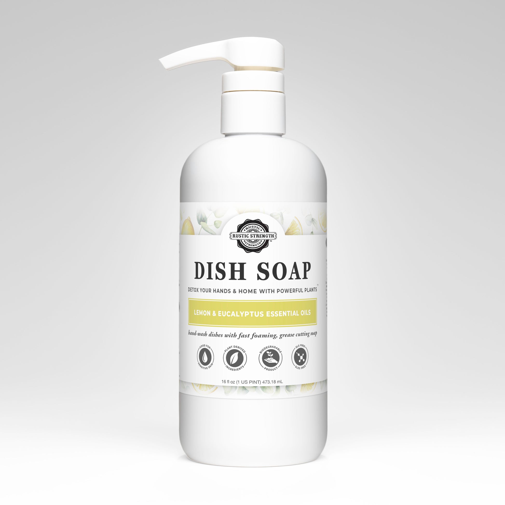Rustic Strength Lemon & Eucalyptus Dish Soap bottle, 16 oz, with lemon and eucalyptus scent and label visible.